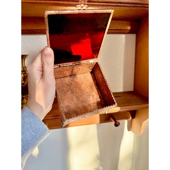 Antique Victorian Ornate Copper and Cobalt Stained Glass Jewelry Box - Picture 3 of 5